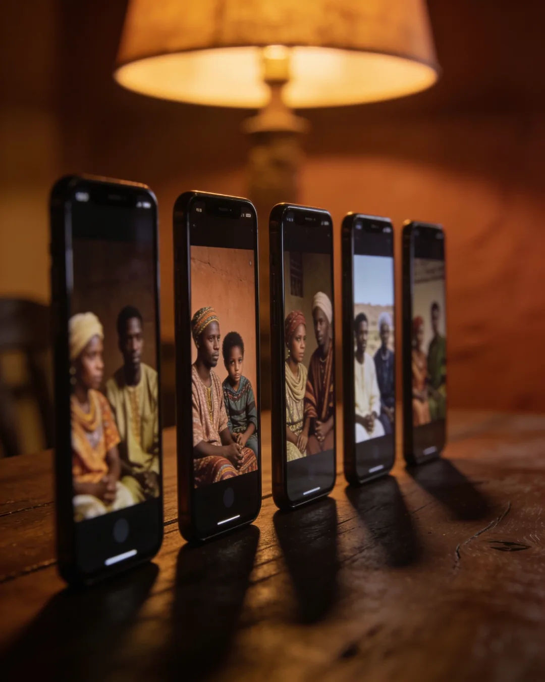 A row of phones showing episodes of the same Ethiopian drama series