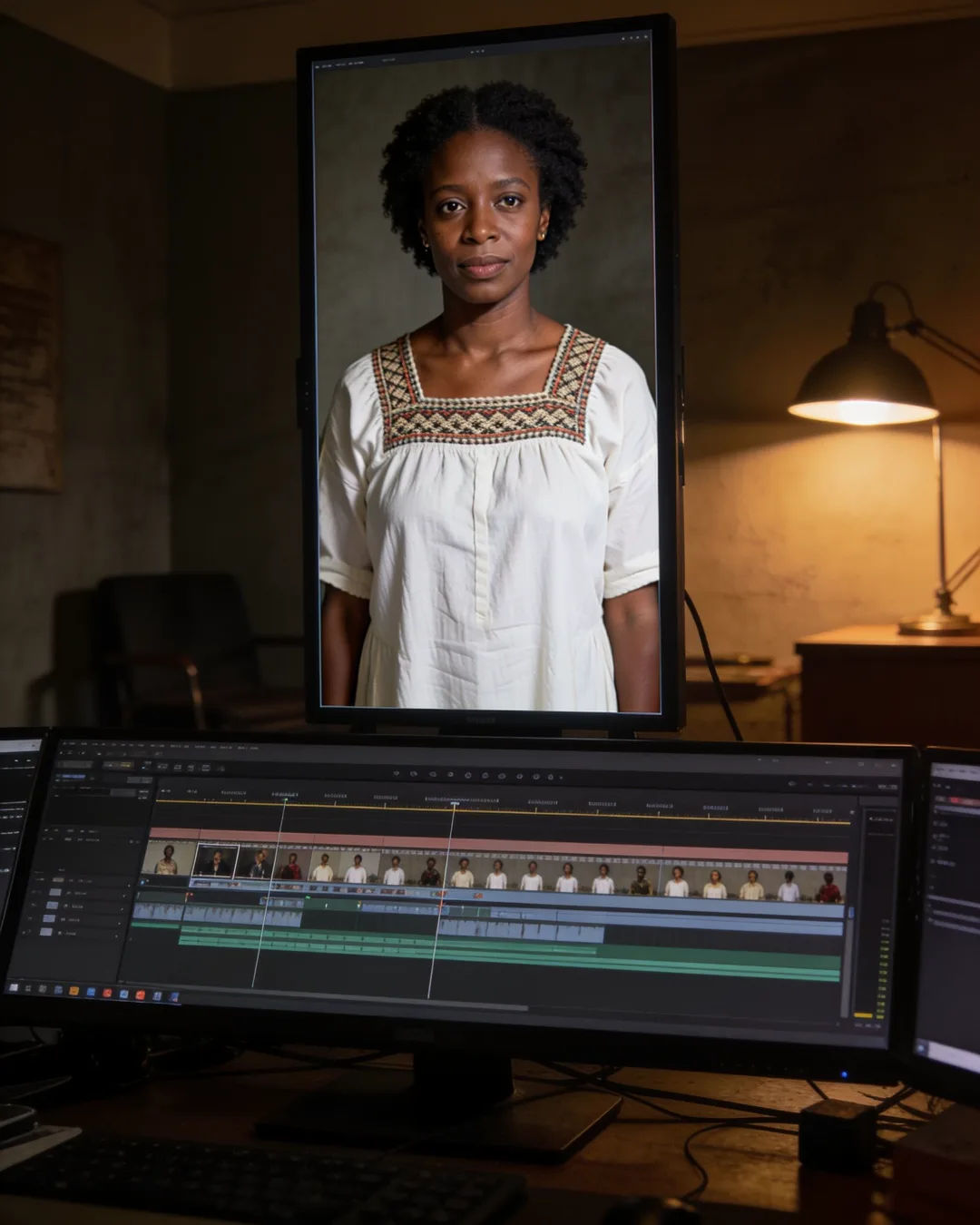 An editing suite with a vertical frame of an Ethiopian woman in a white cotton dress with a woven border above a timeline