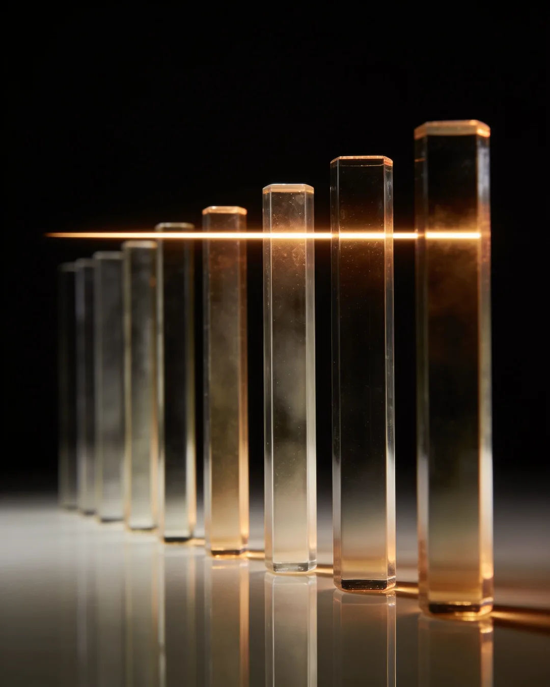 Glass columns of different heights with a glowing limit line