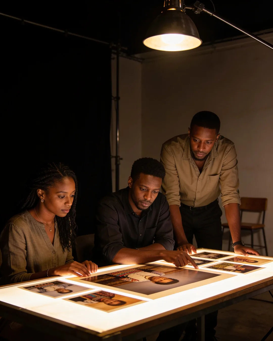 An Ethiopian production team reviewing printed frames on a lit table