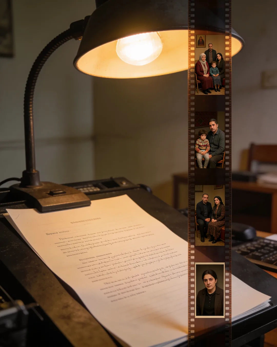A screenplay page under a desk lamp beside a strip of film frames from an Armenian family drama