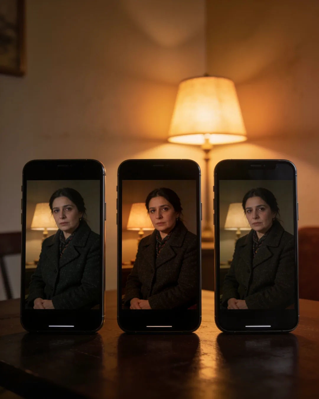 The same Armenian woman in a dark wool coat on three vertical phone screens
