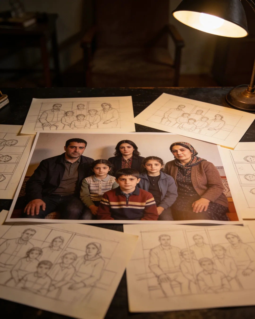 Pencil storyboard sketches around a finished photo of an Armenian family scene