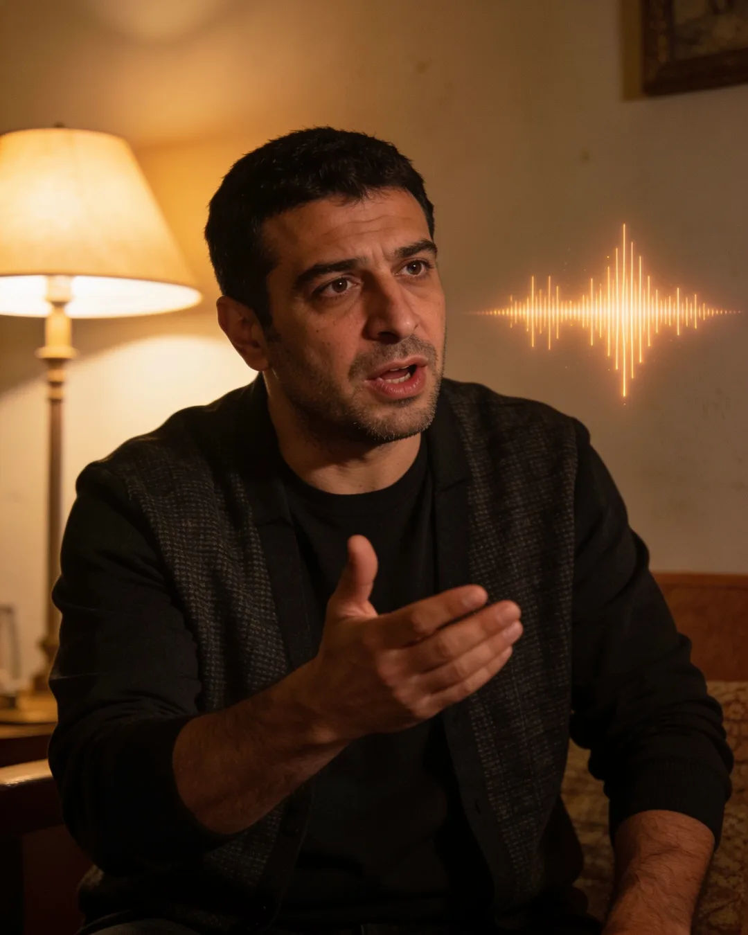 An Armenian man speaking at home at night, a sound waveform beside him