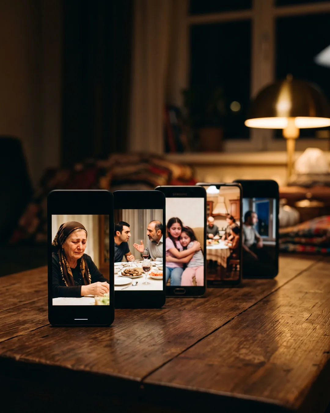 A row of phones showing episodes of the same Armenian drama series