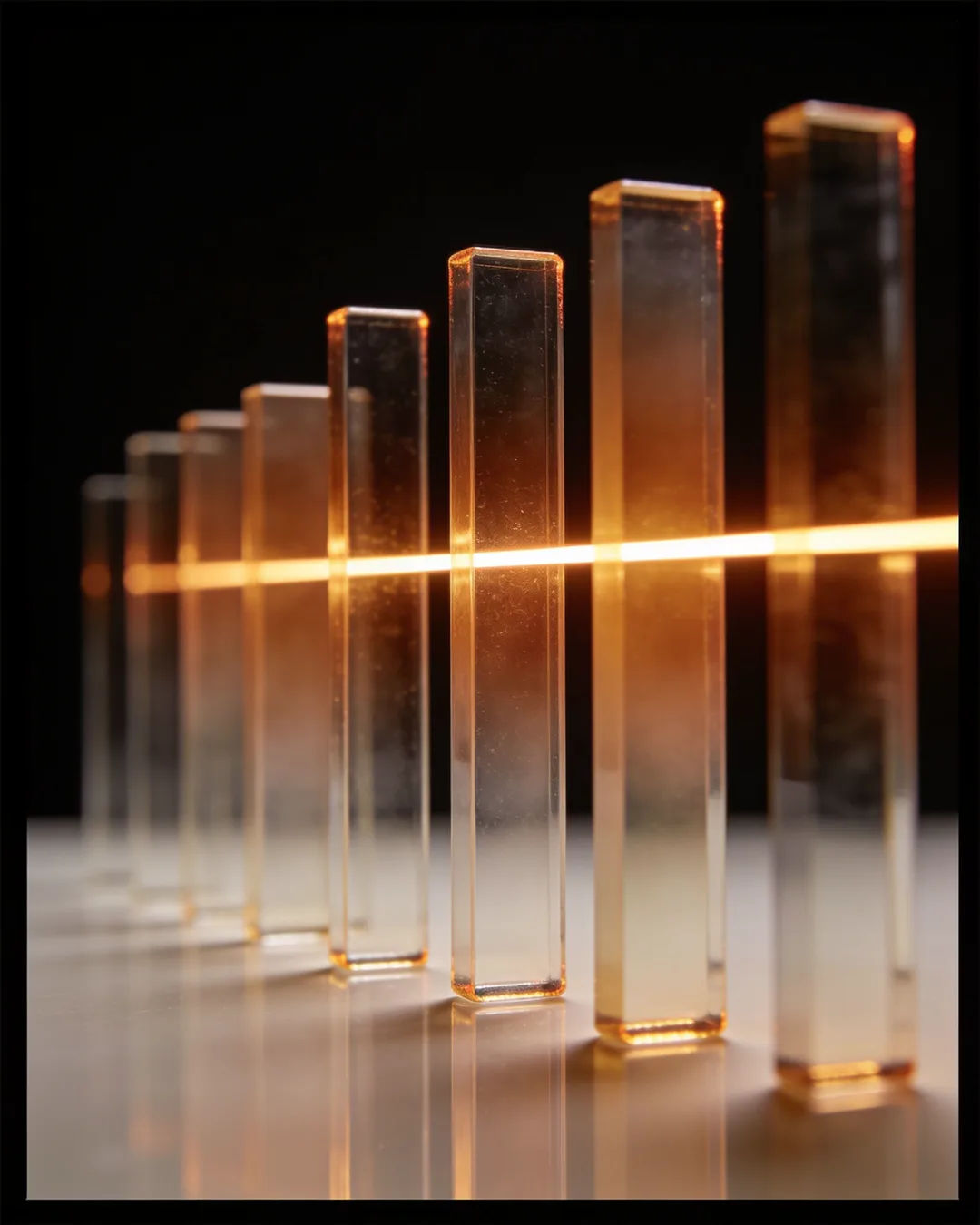 Glass columns of different heights with a glowing limit line