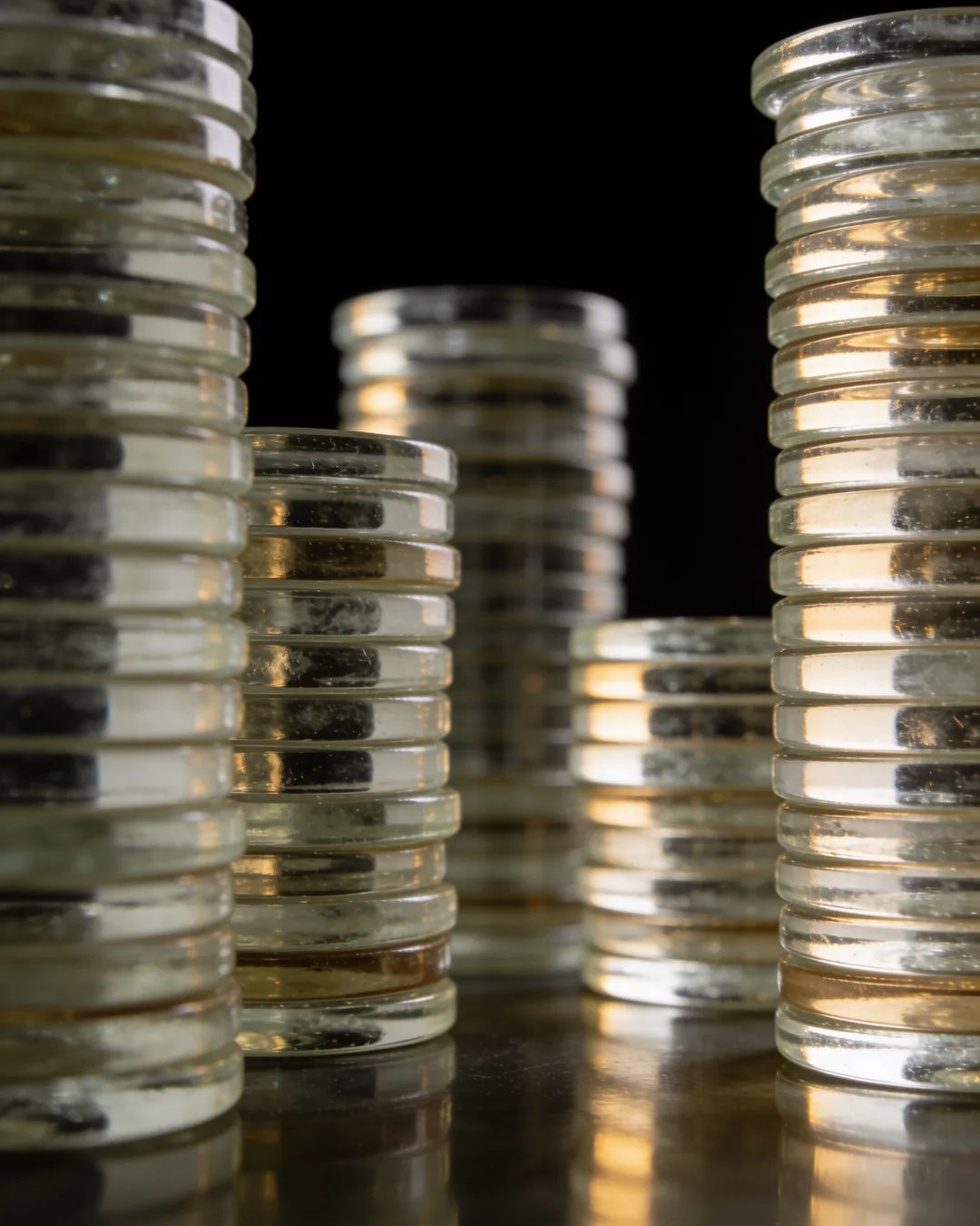Stacks of glass tokens rising on a black ground