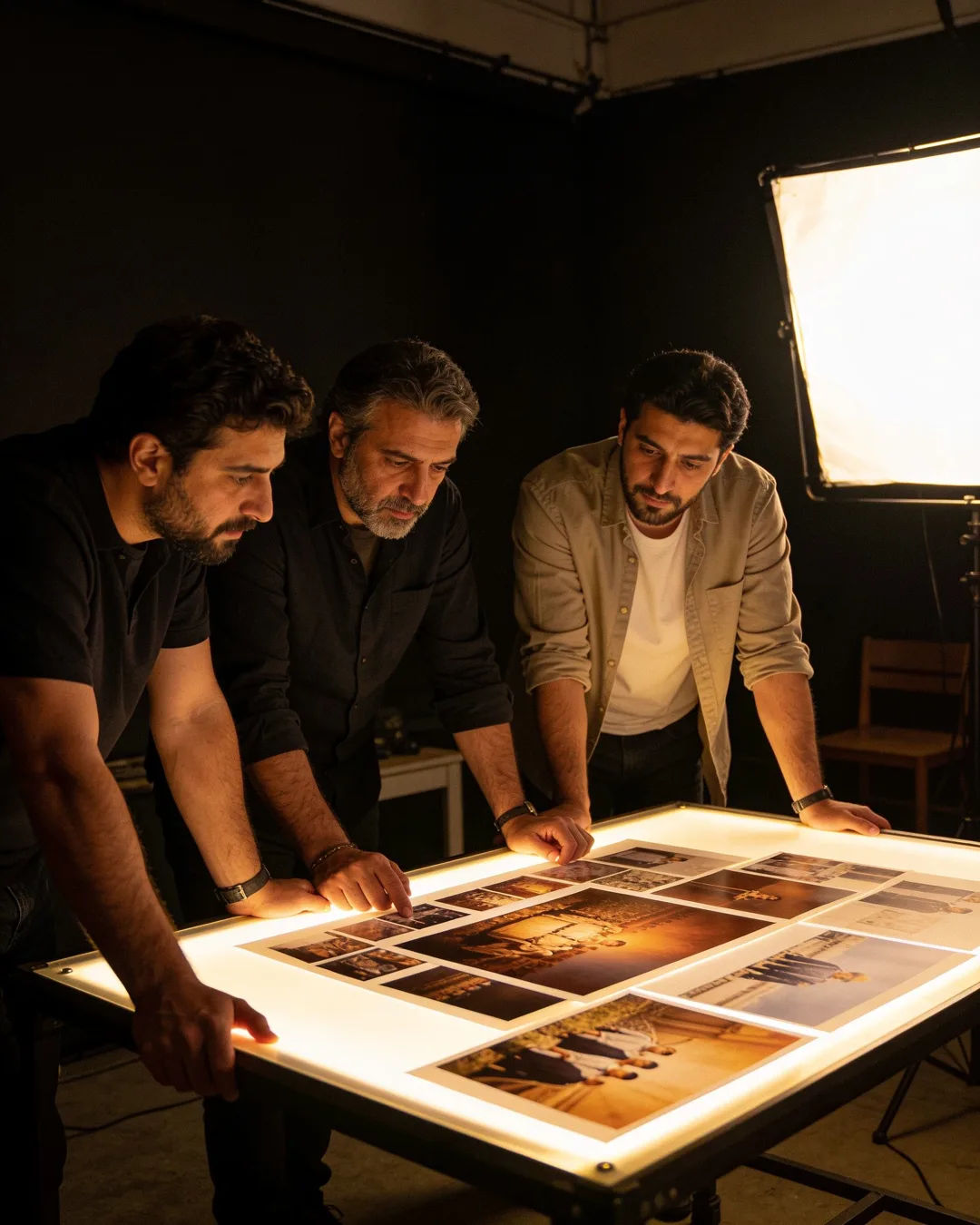 An Armenian production team reviewing printed frames on a lit table