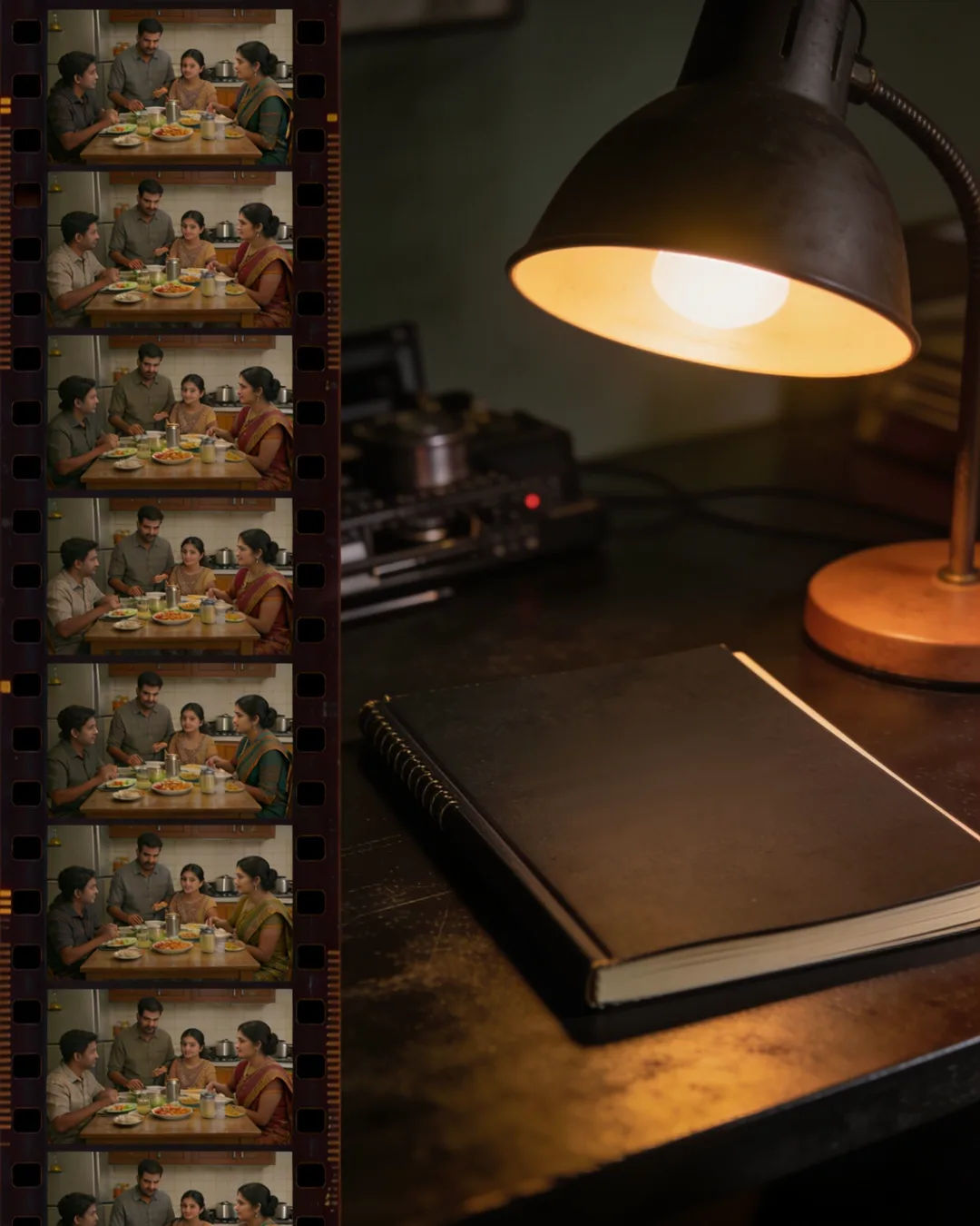 A closed script under a desk lamp beside a strip of film frames from a family drama