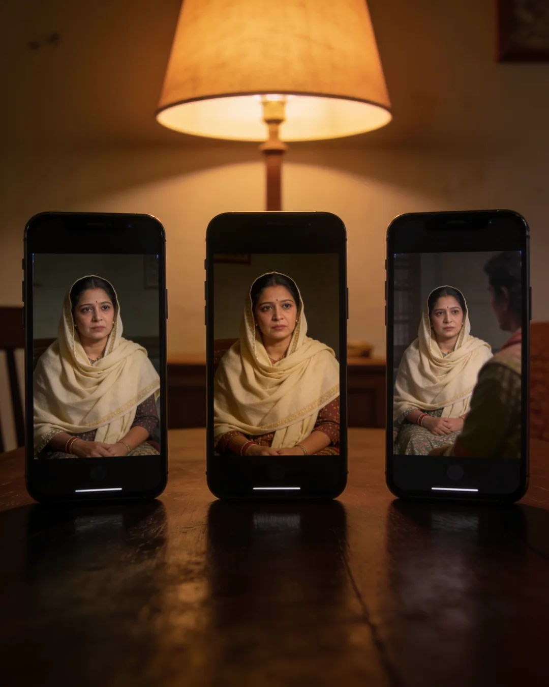 The same Assamese Indian woman in a cream mekhela chador on three vertical phone screens
