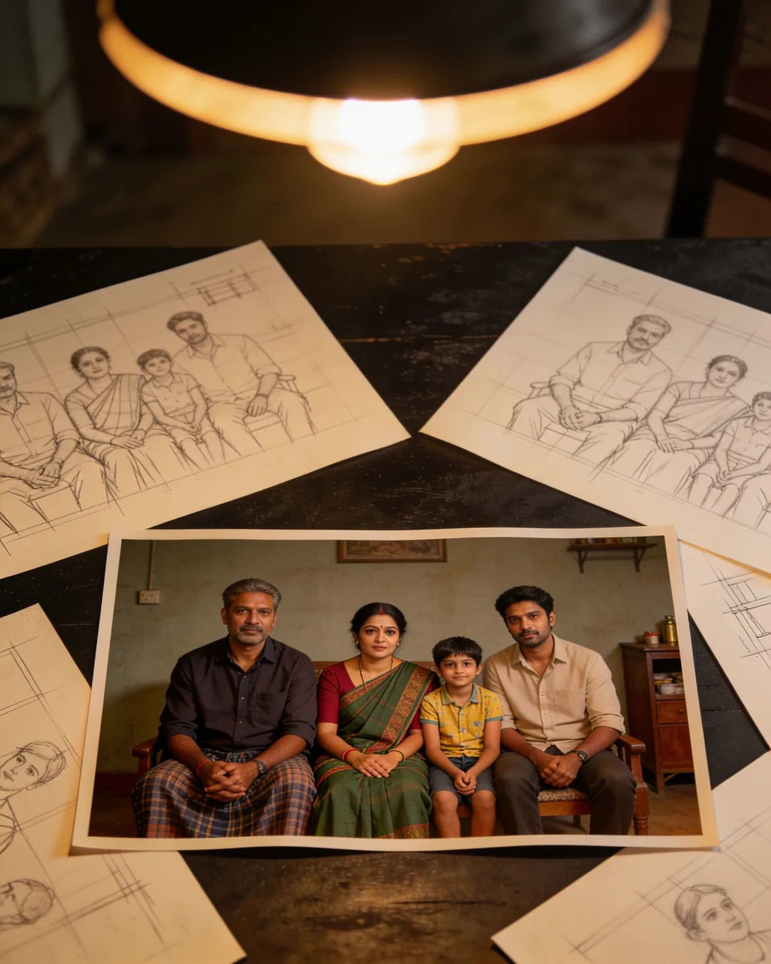 Pencil storyboard sketches around a finished photo of an Assamese Indian family scene