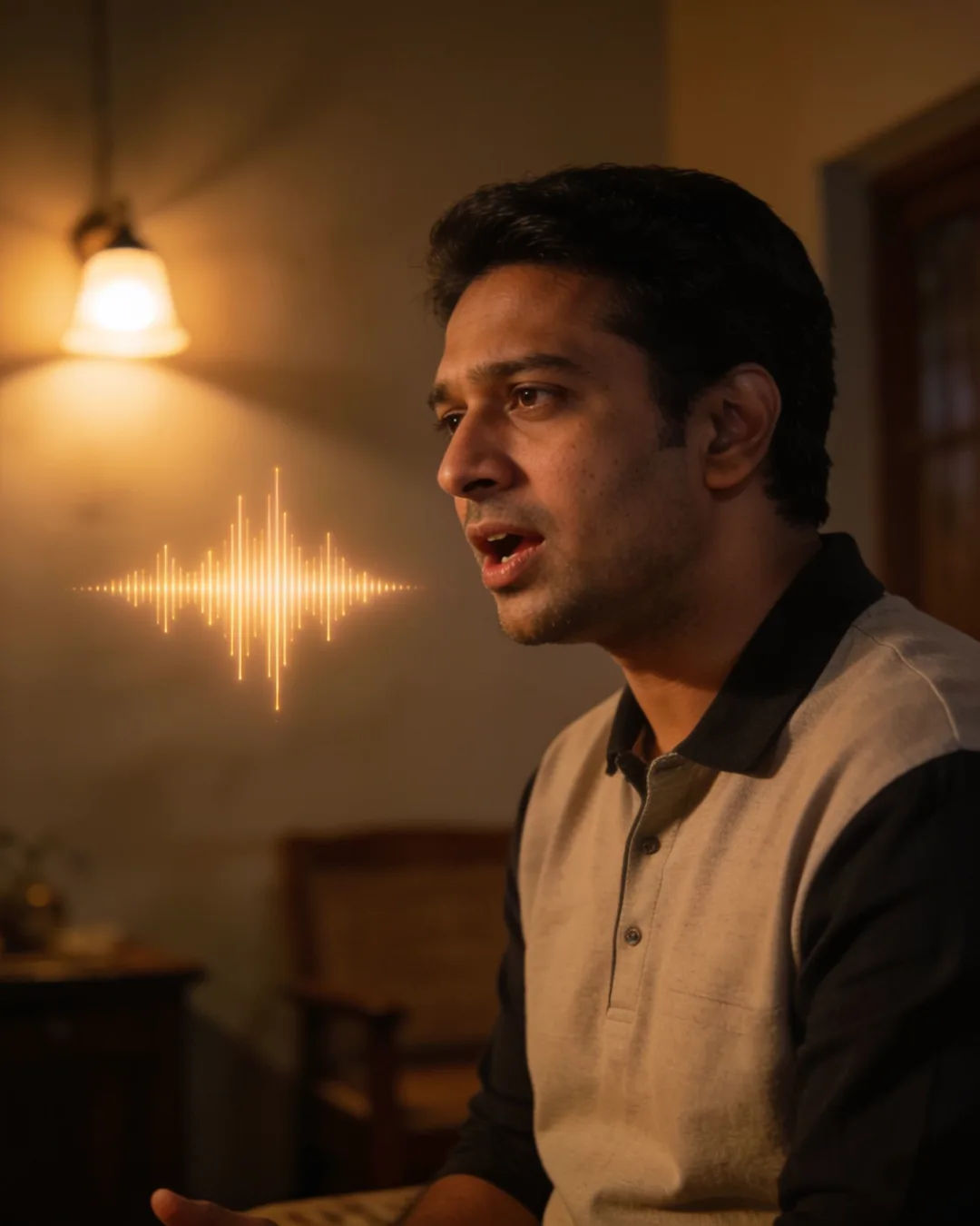 An Assamese Indian man speaking at home at night, a sound waveform beside him