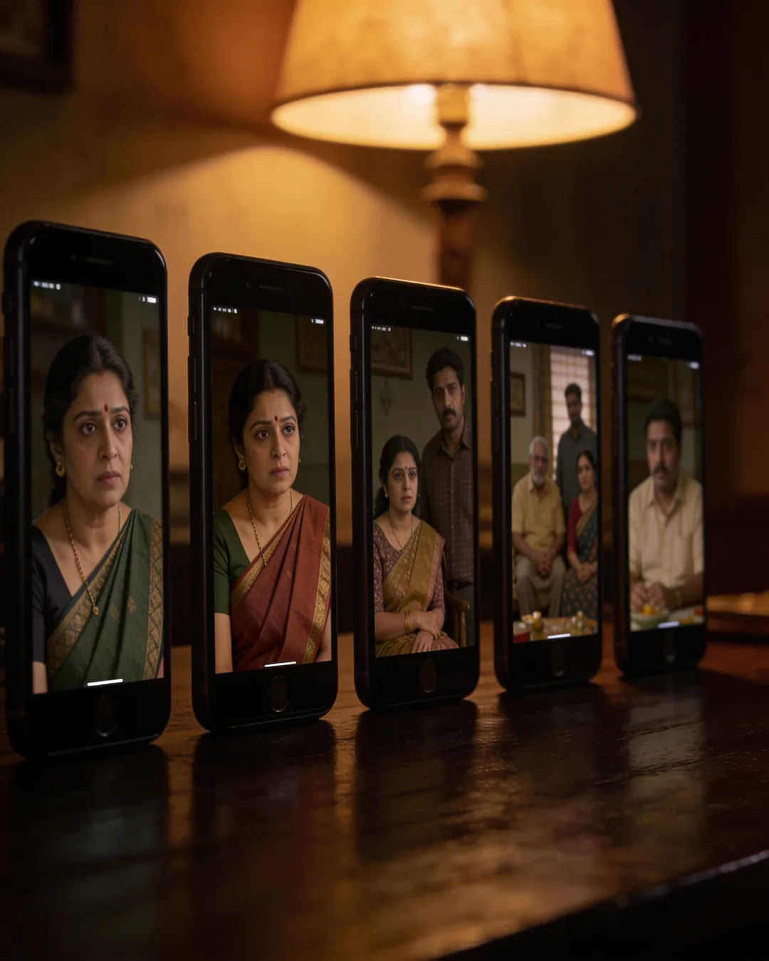 A row of phones showing episodes of the same Assamese Indian drama series