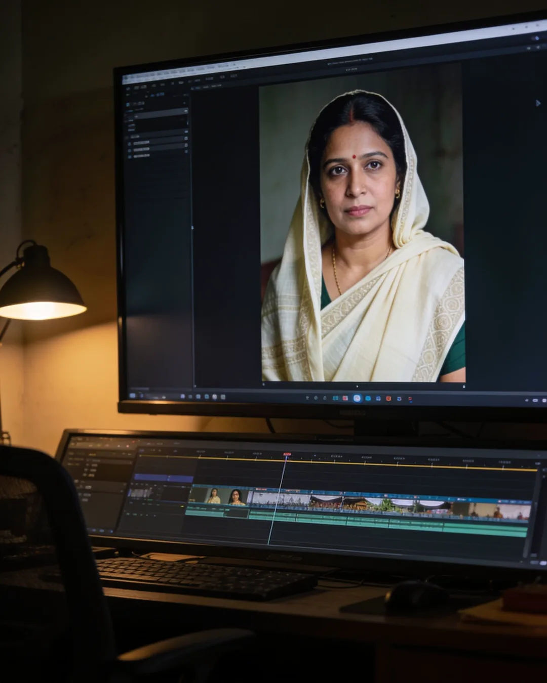 An editing suite with a vertical frame of an Assamese Indian woman in a cream mekhela chador above a timeline