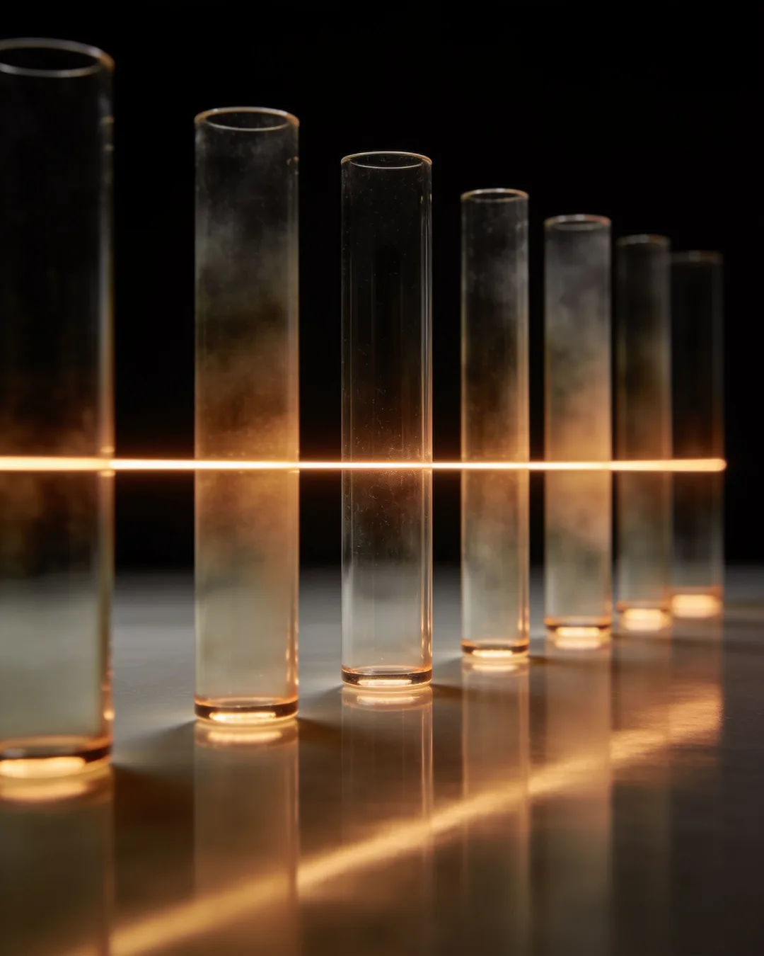 Glass columns of different heights with a glowing limit line