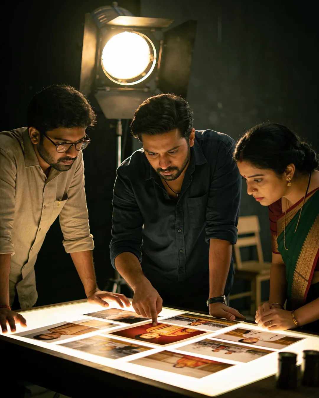 An Assamese Indian production team reviewing printed frames on a lit table