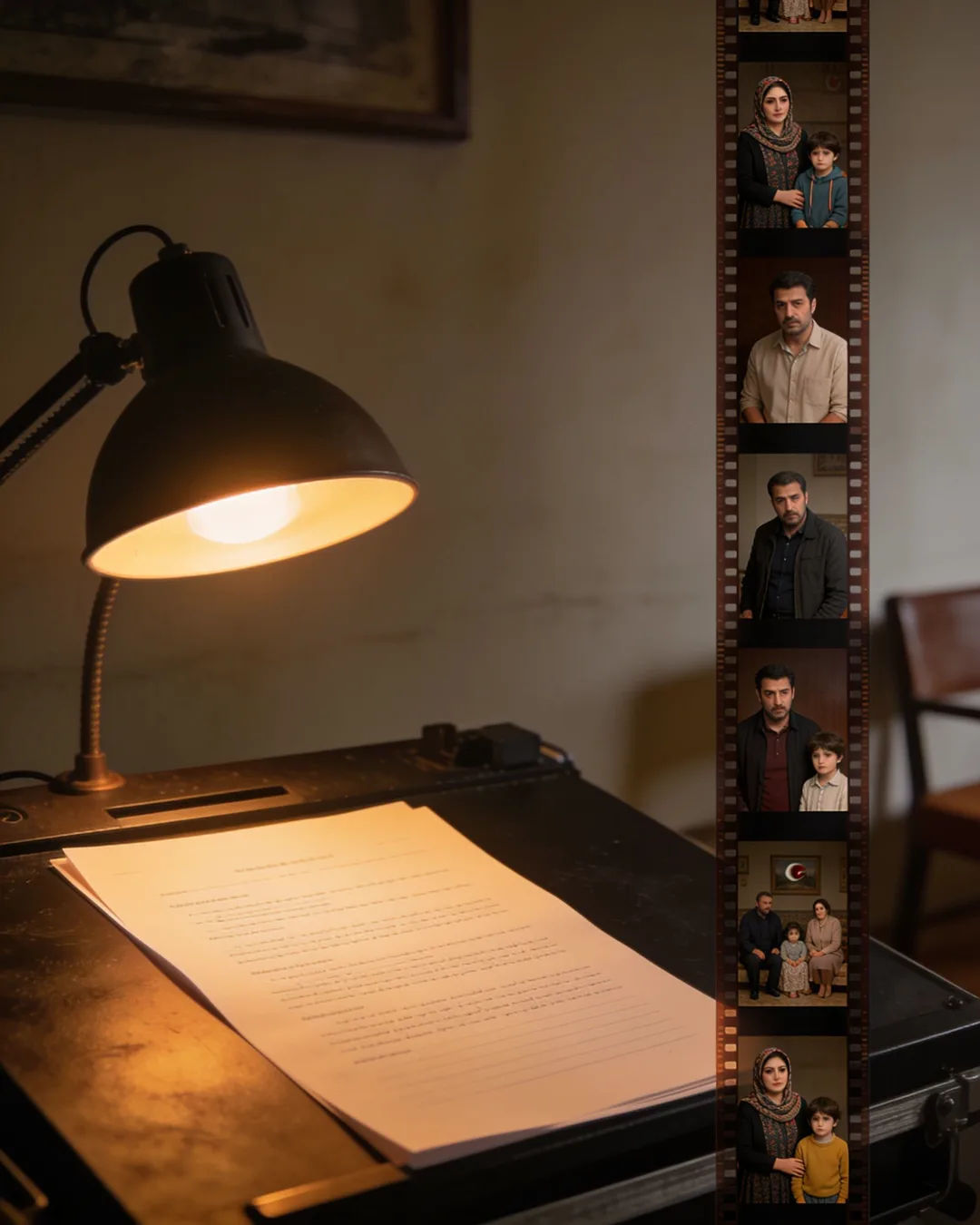 A screenplay page under a desk lamp beside a strip of film frames from an Azerbaijani family drama