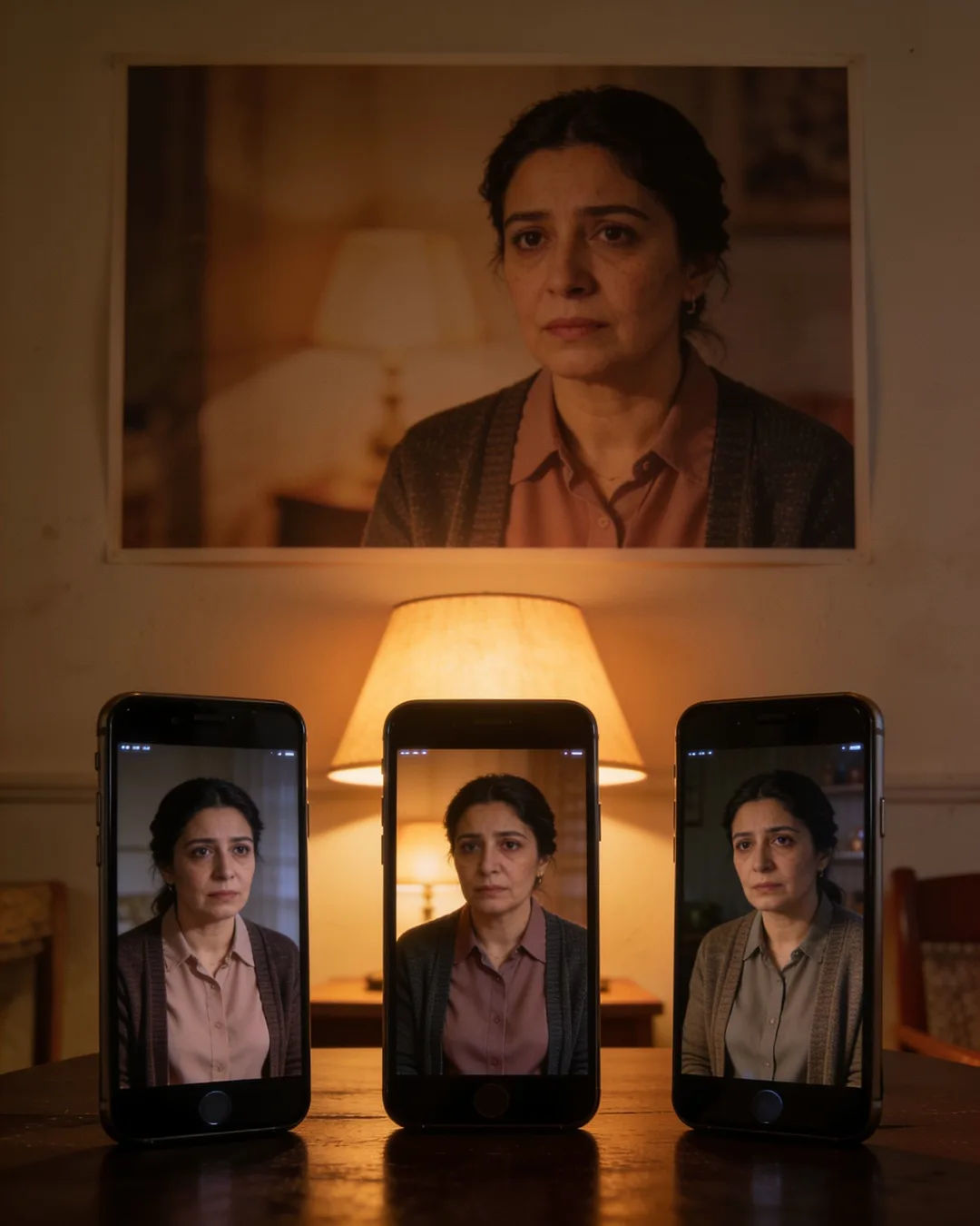 The same Azerbaijani woman in a simple blouse and cardigan on three vertical phone screens