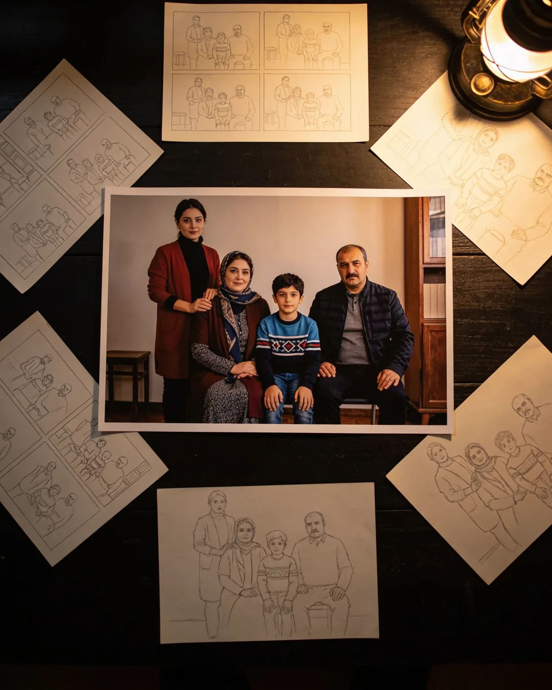 Pencil storyboard sketches around a finished photo of an Azerbaijani family scene
