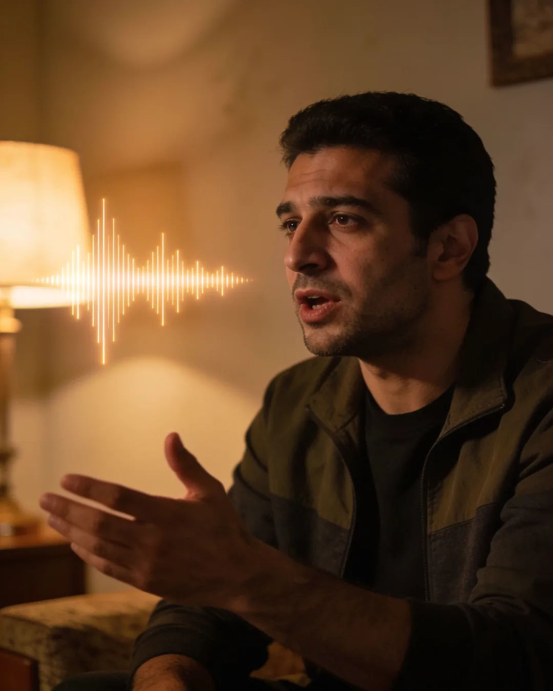 An Azerbaijani man speaking at home at night, a sound waveform beside him