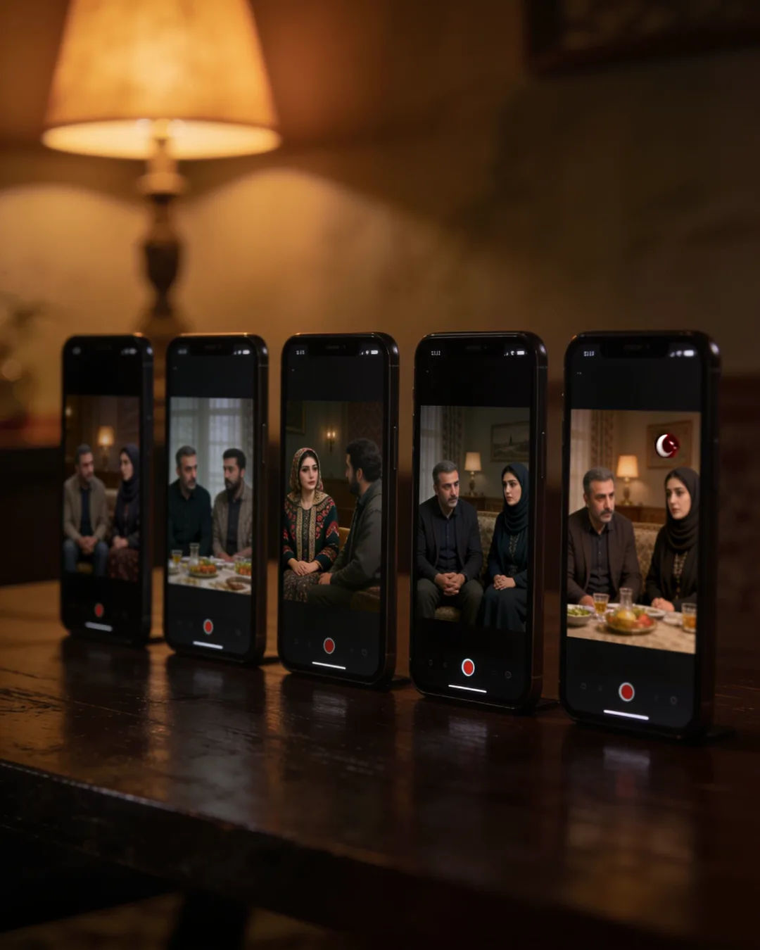 A row of phones showing episodes of the same Azerbaijani drama series