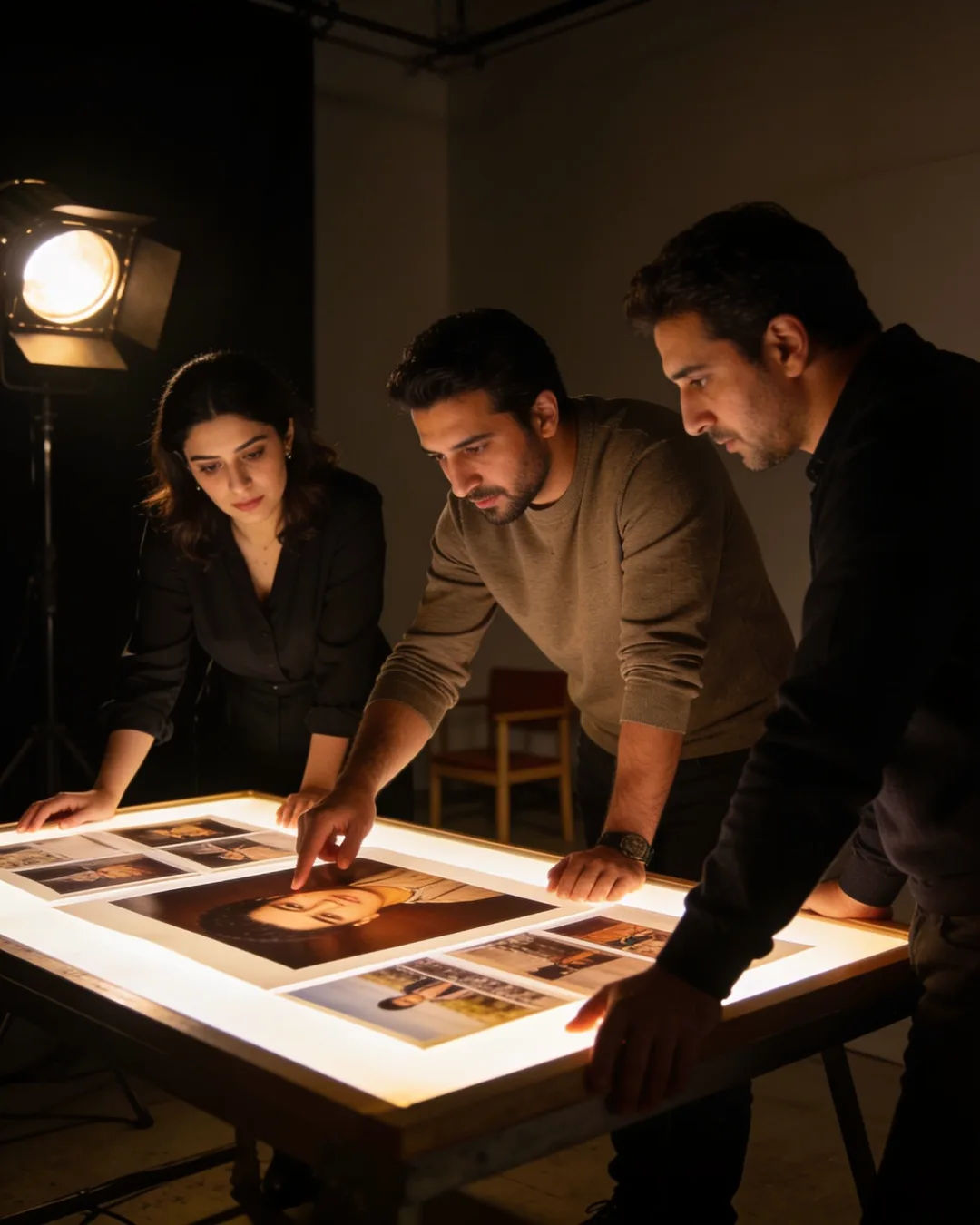 An Azerbaijani production team reviewing printed frames on a lit table