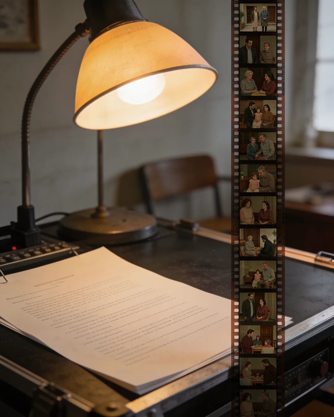 A screenplay page under a desk lamp beside a strip of film frames from a family drama