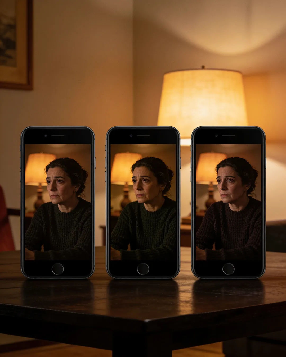The same Basque Spanish woman in a dark knit sweater on three vertical phone screens