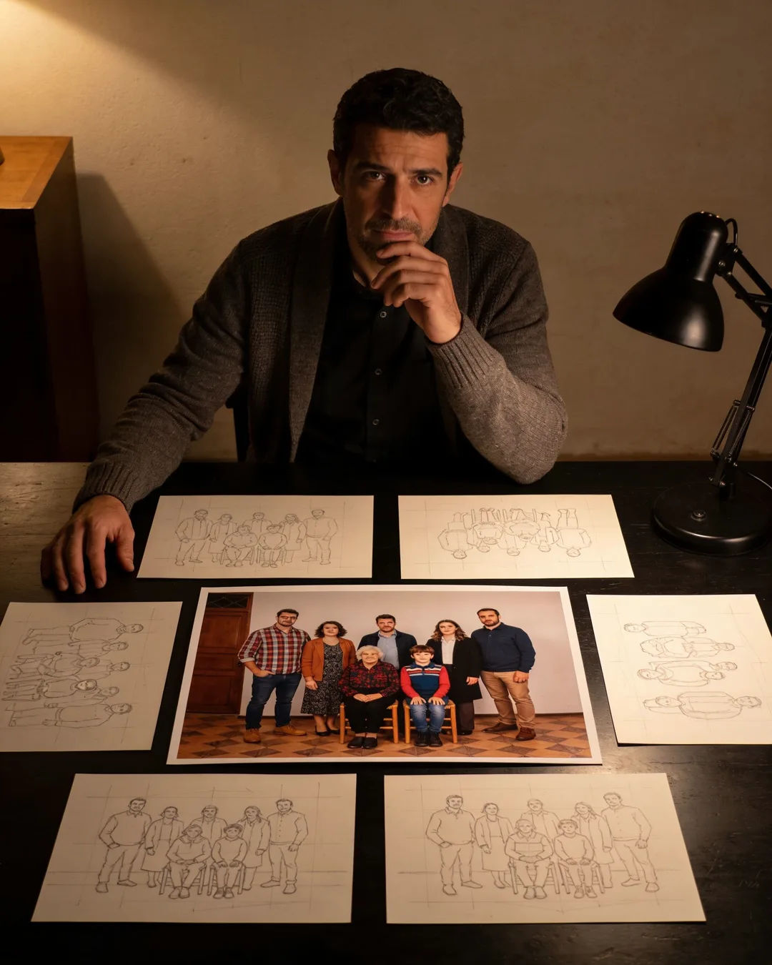 Pencil storyboard sketches around a finished photo of a Basque Spanish family scene