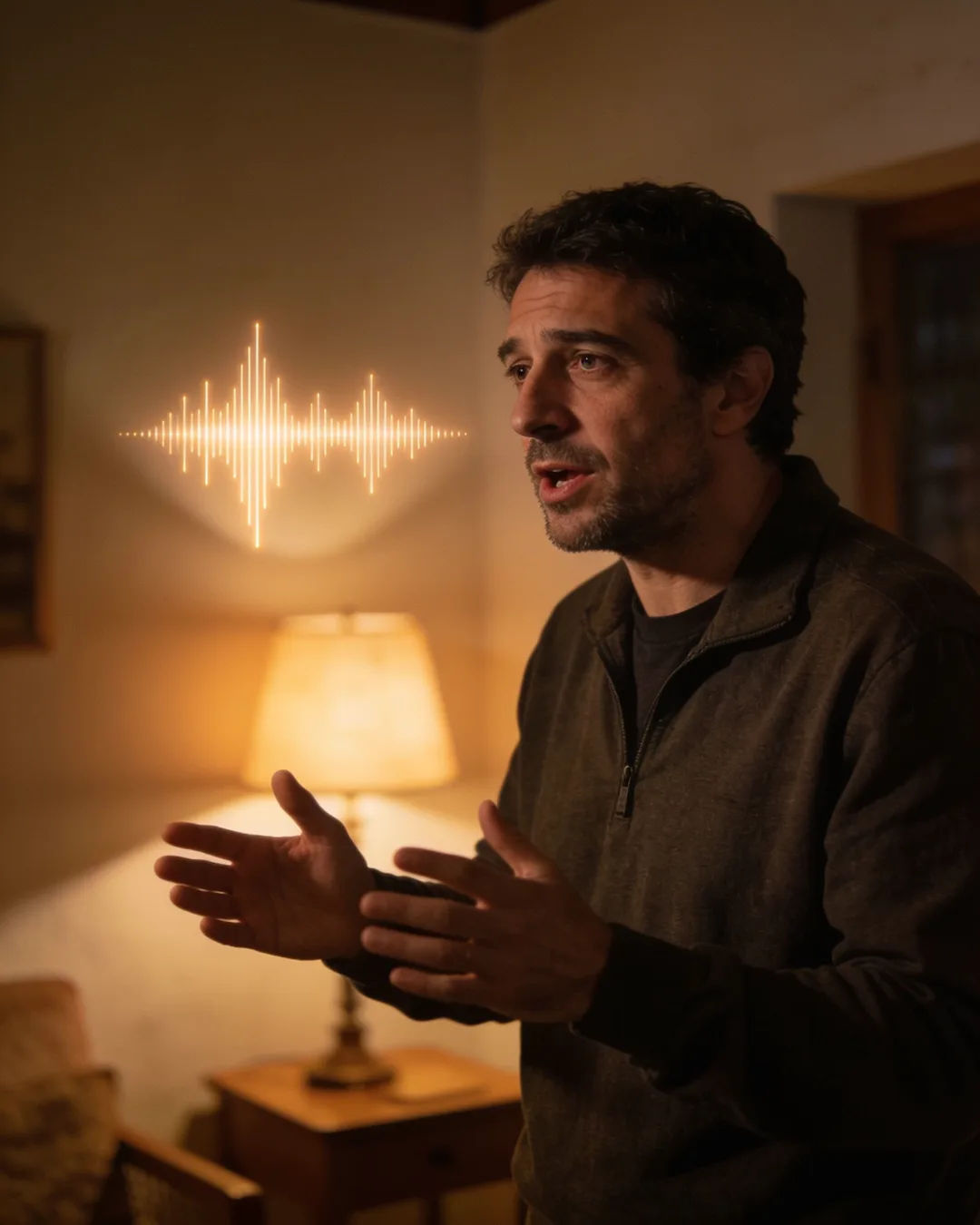 A Basque Spanish man speaking at home at night, a sound waveform beside him