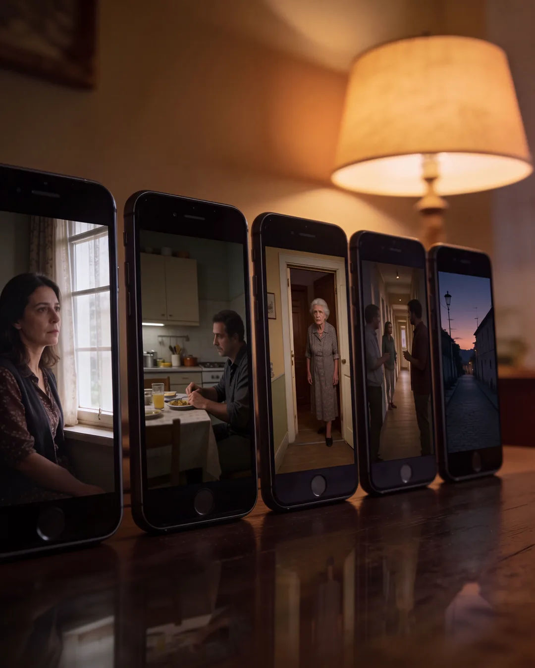 A row of phones showing episodes of the same family drama series