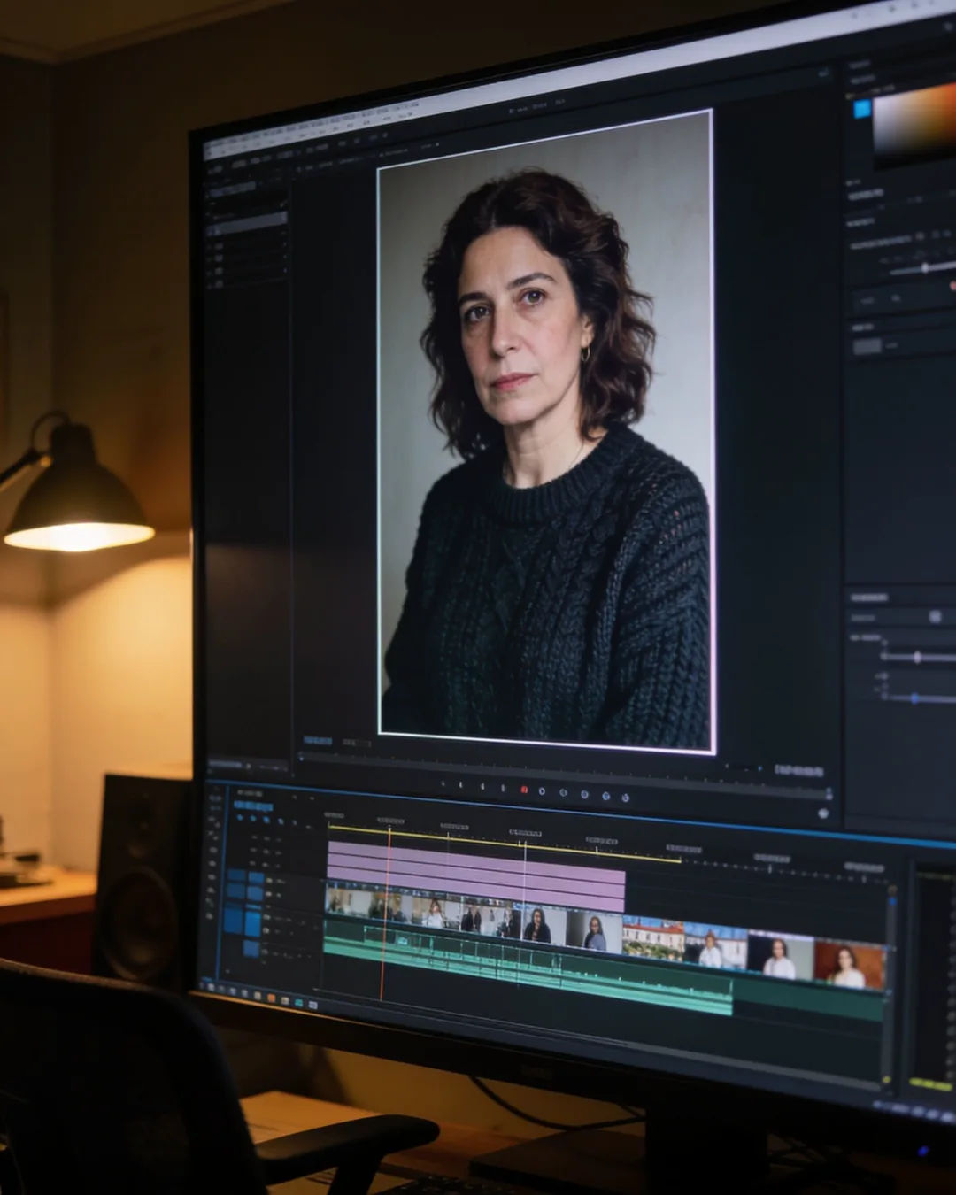 An editing suite with a vertical frame of a Basque Spanish woman in a dark knit sweater above a timeline