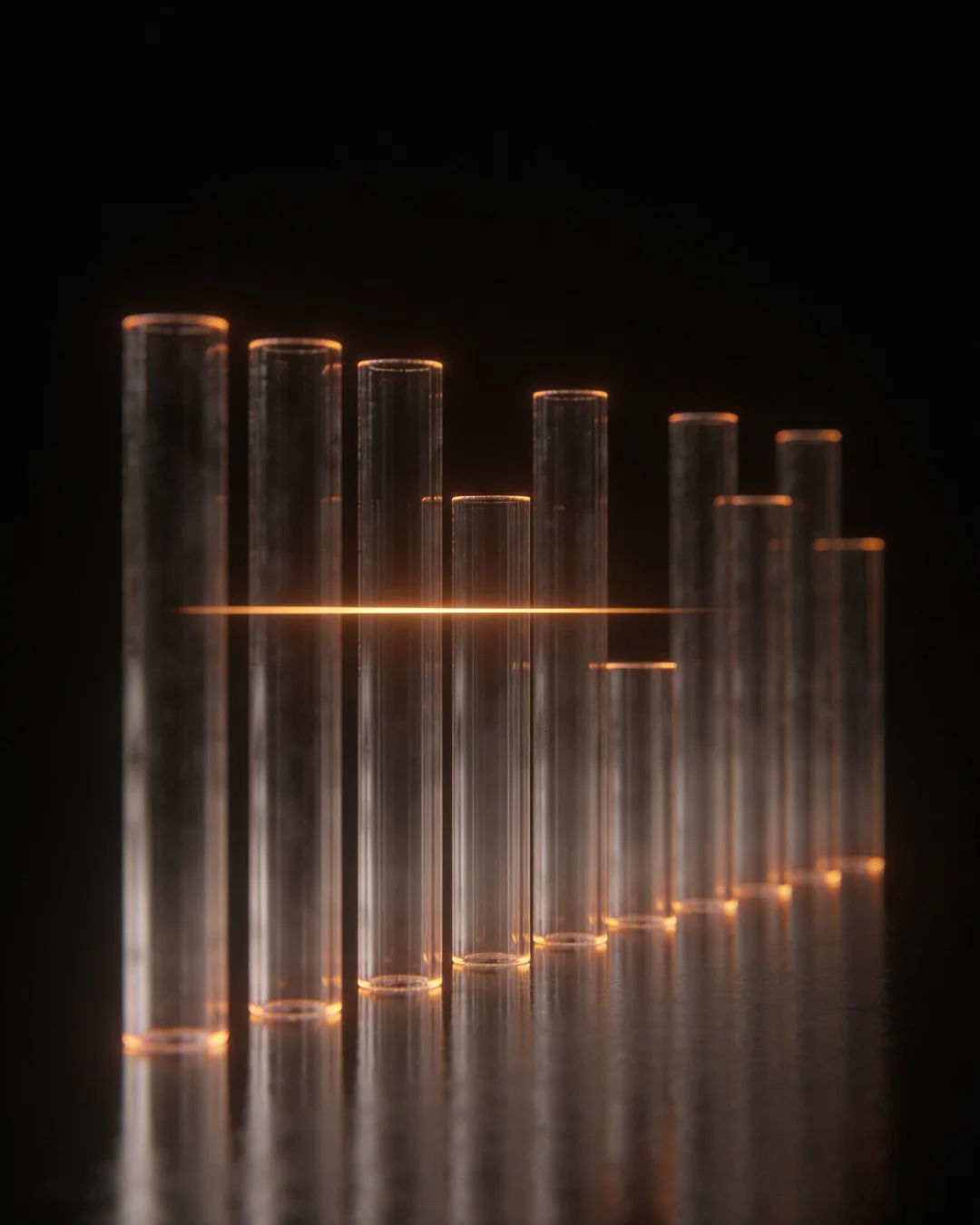 Glass columns of different heights with a glowing limit line