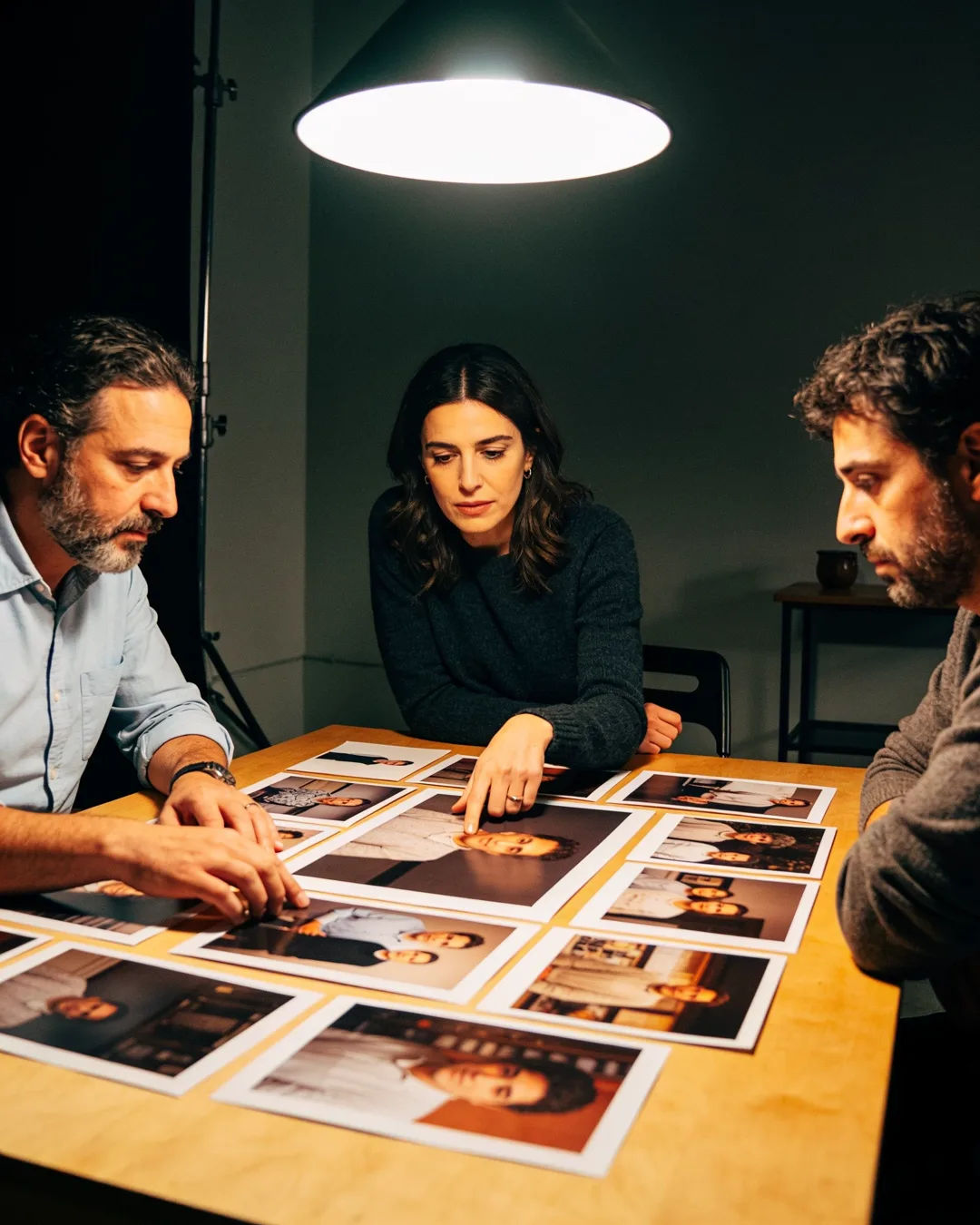 A Basque Spanish production team reviewing printed frames on a lit table