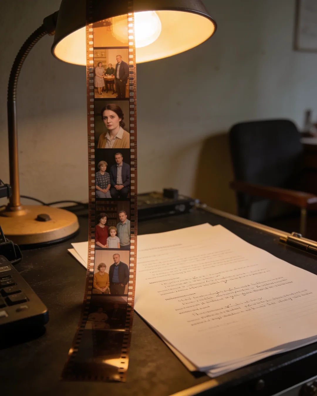 A screenplay page under a desk lamp beside a strip of film frames from a family drama