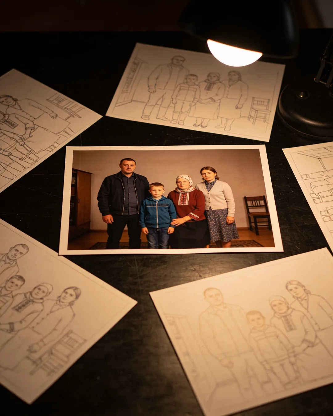 Pencil storyboard sketches around a finished photo of a Belarusian family scene