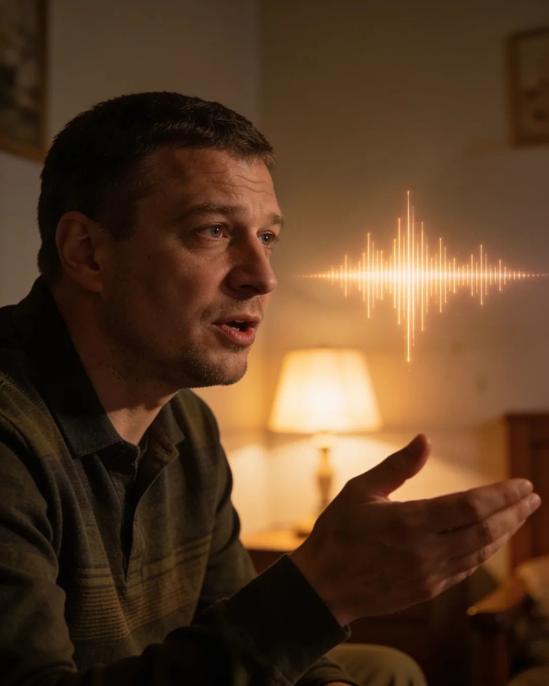 A Belarusian man speaking at home at night, a sound waveform beside him