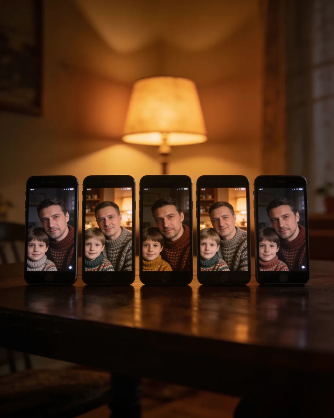 A row of phones showing episodes of the same family drama series