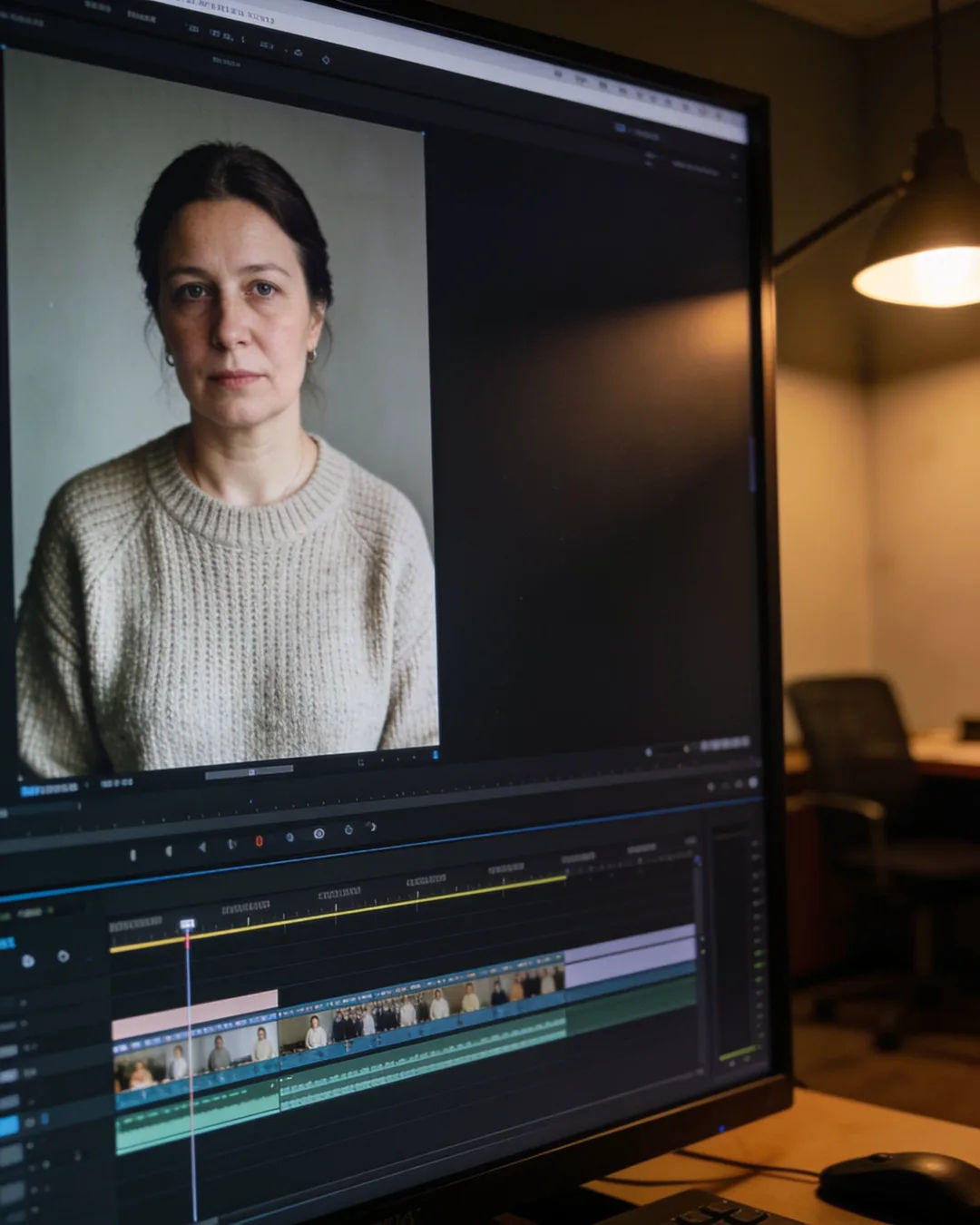 An editing suite with a vertical frame of a Belarusian woman in a plain knit sweater above a timeline