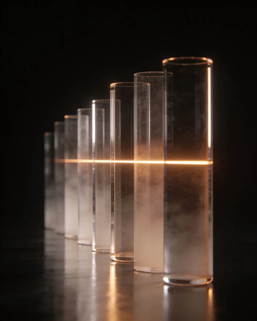 Glass columns of different heights with a glowing limit line