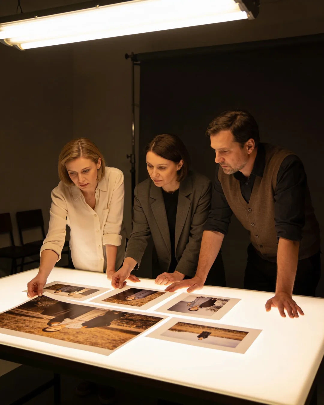 A Belarusian production team reviewing printed frames on a lit table