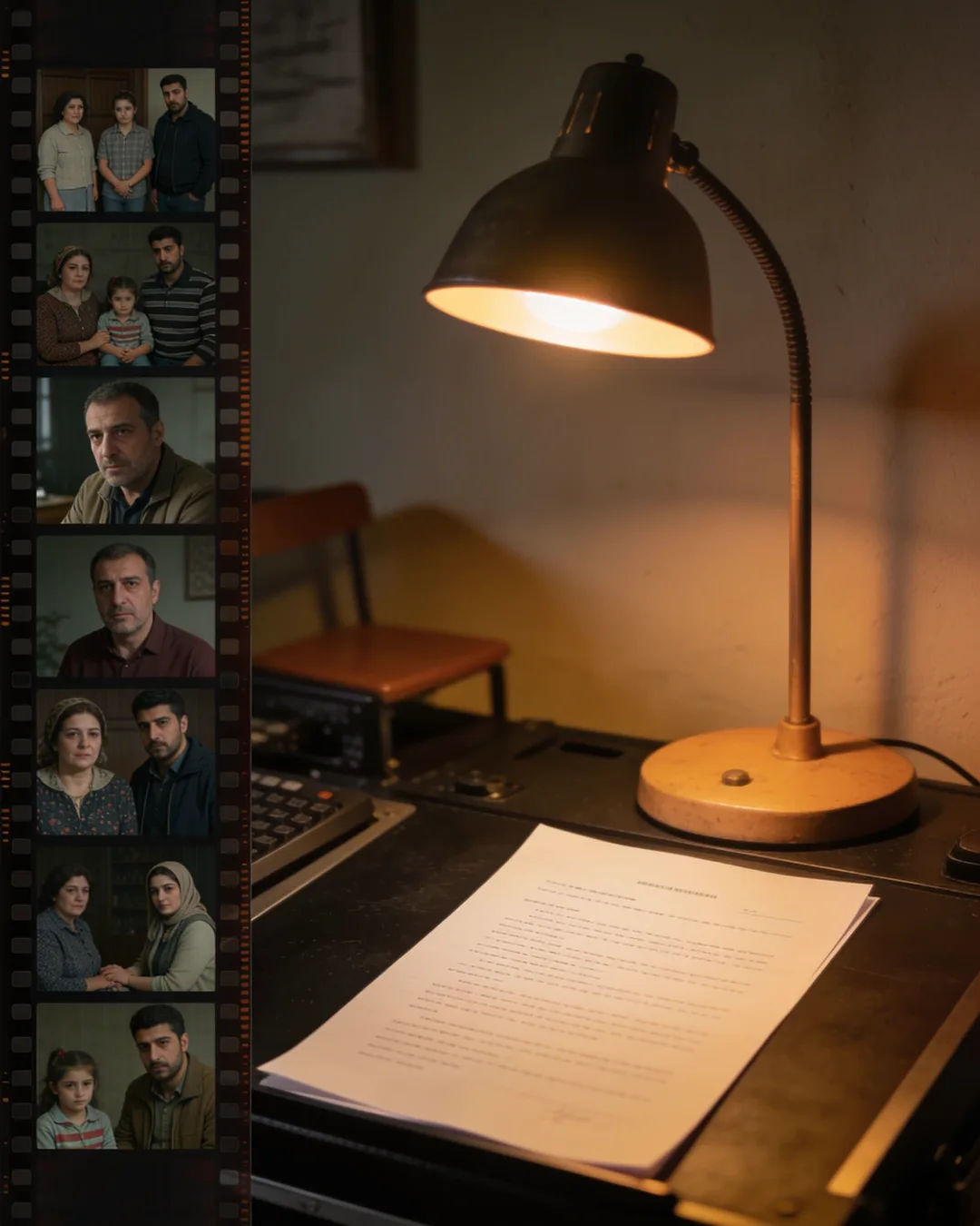 A screenplay page under a desk lamp beside a strip of film frames from a Bosnian family drama