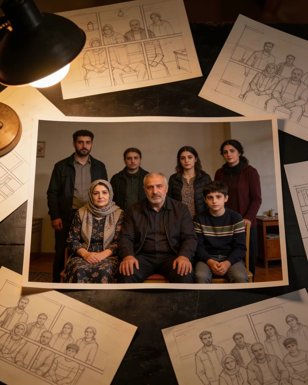 Pencil storyboard sketches around a finished photo of a Bosnian family scene