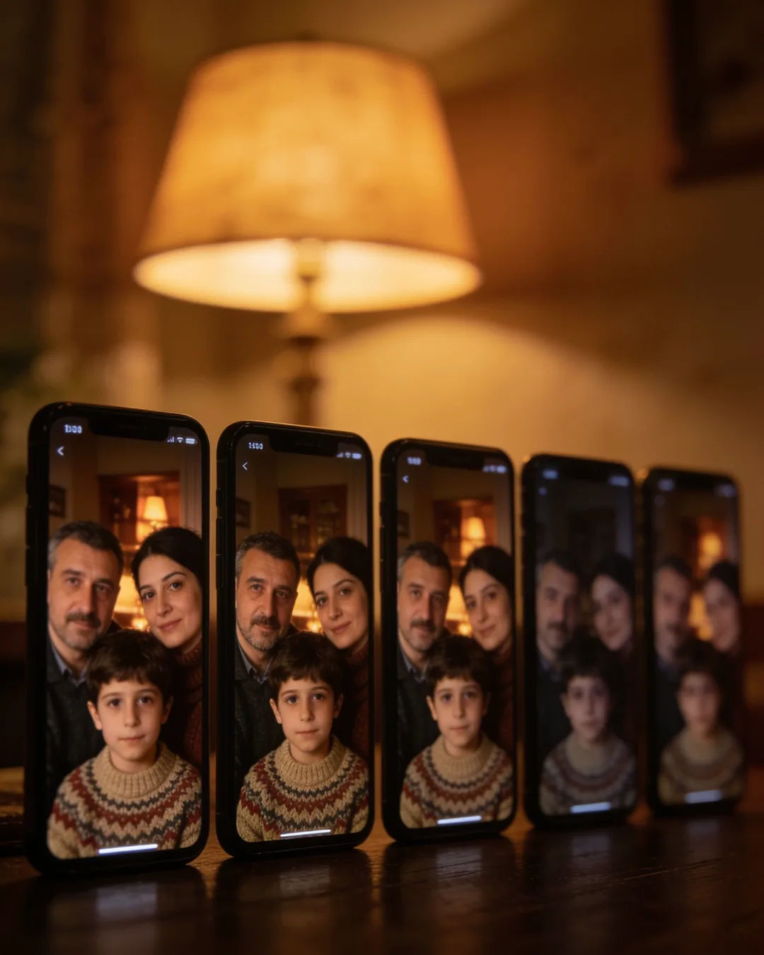 A row of phones showing episodes of the same family drama series