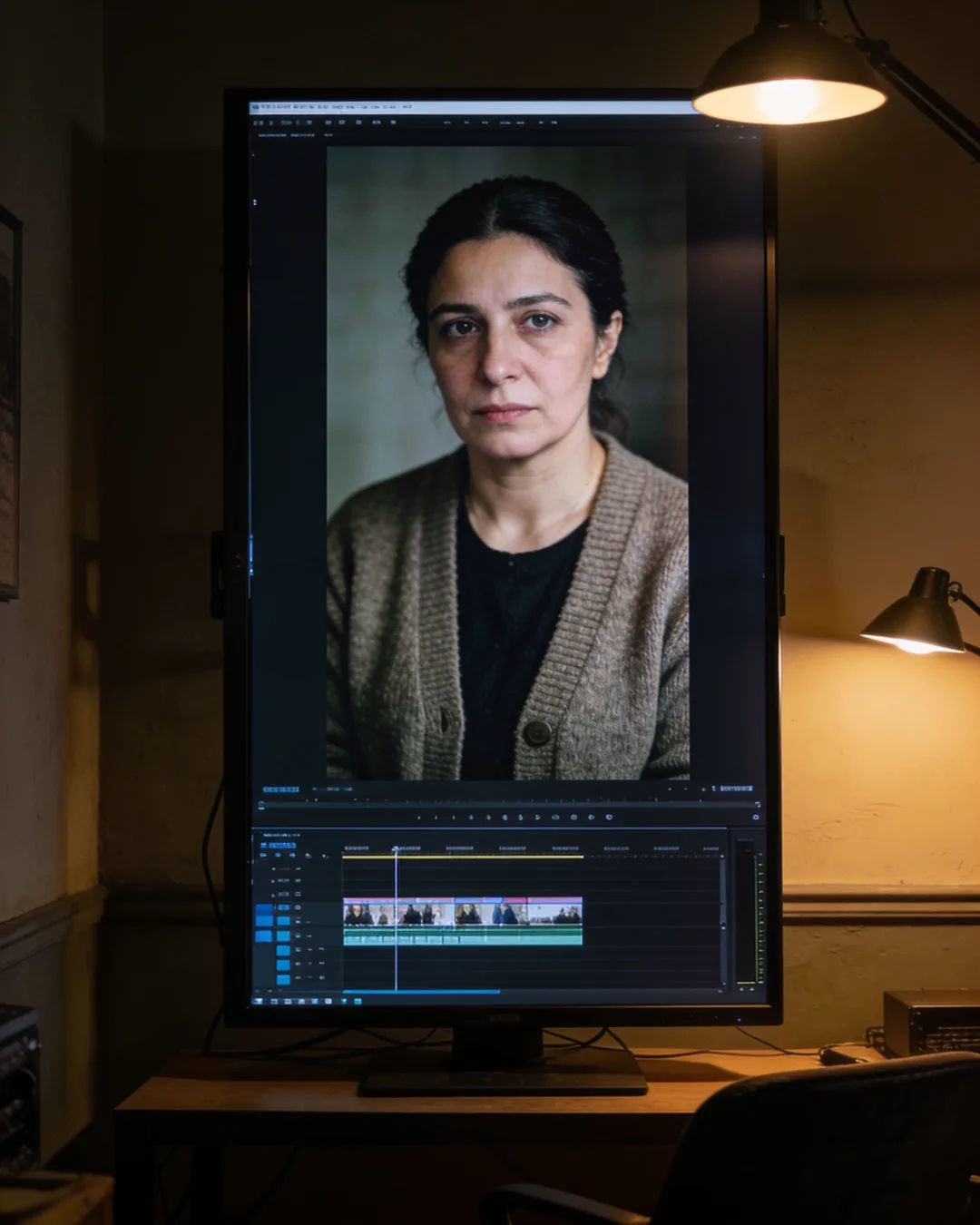 An editing suite with a vertical frame of a Bosnian woman in a simple wool cardigan above a timeline