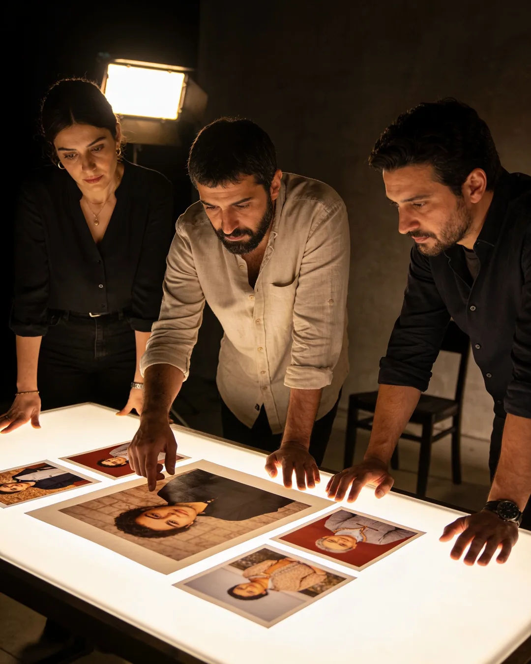 A Bosnian production team reviewing printed frames on a lit table