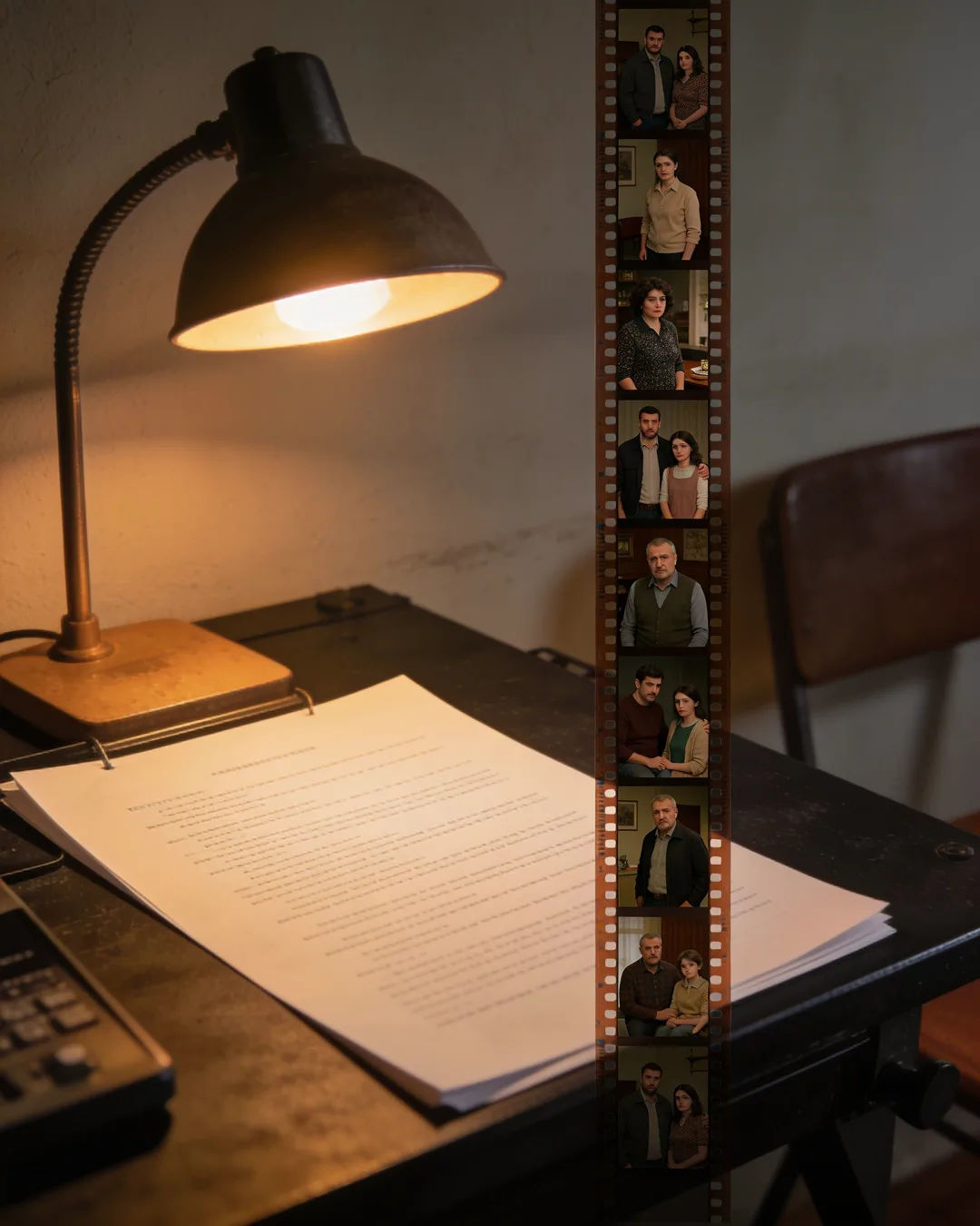 A screenplay page under a desk lamp beside a strip of film frames from a Bulgarian family drama