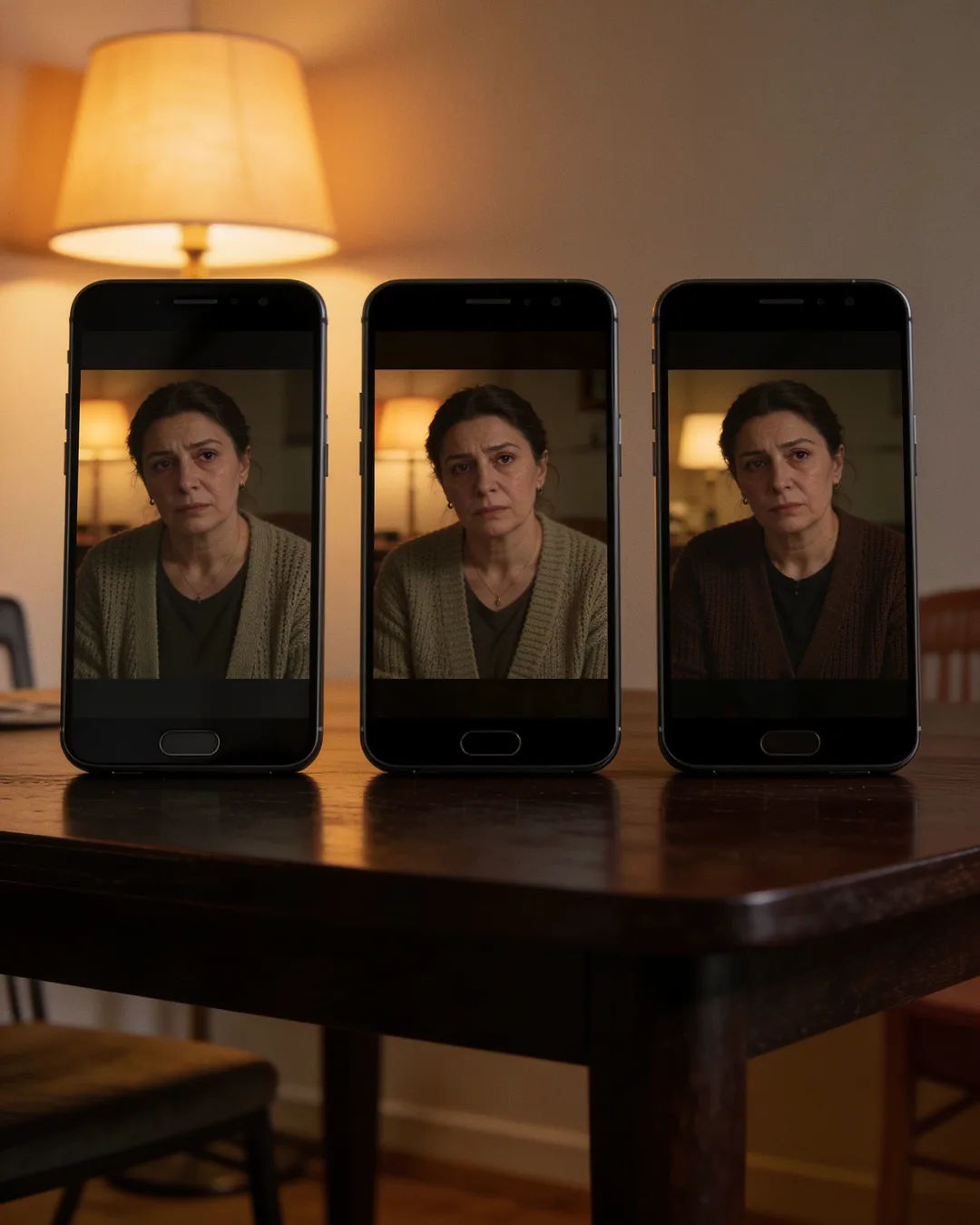 The same Bulgarian woman in a plain knit cardigan on three vertical phone screens