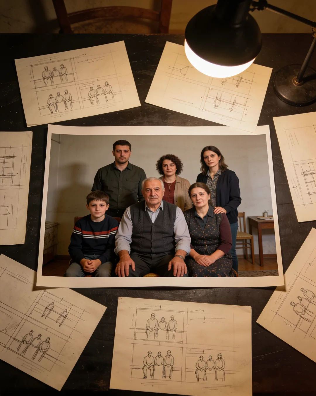 Pencil storyboard sketches around a finished photo of a Bulgarian family scene