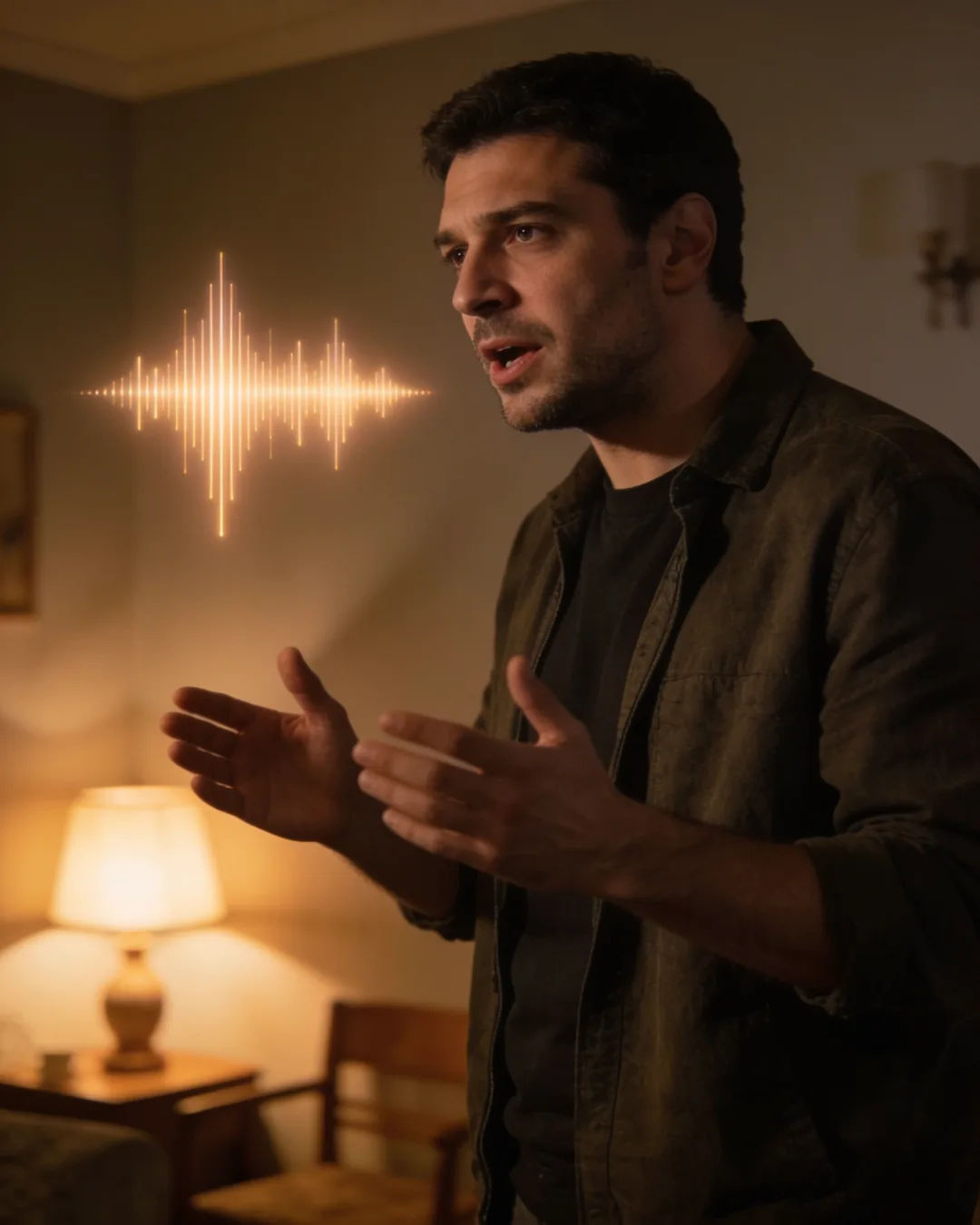 A Bulgarian man speaking at home at night, a sound waveform beside him